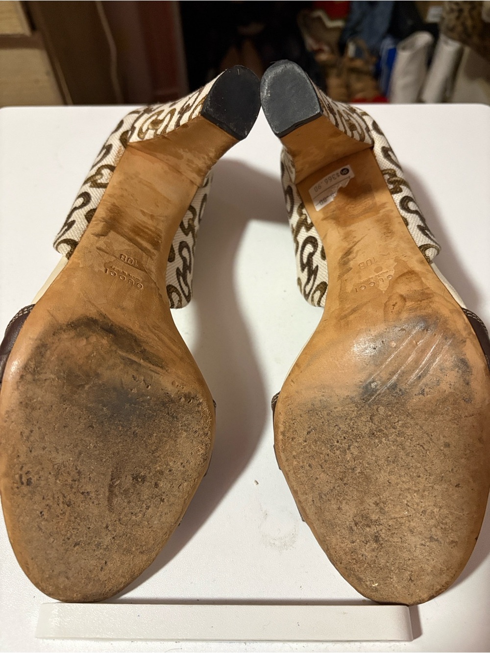 Gucci Beige Canvas and Brown Leather Bamboo-Accent Heels - Picture 6 of 11